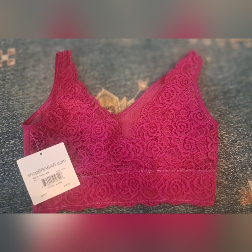 NWT Bra Bar Soft V Lace Bralette Large 36-38 A-DDD Fuchsia Rose